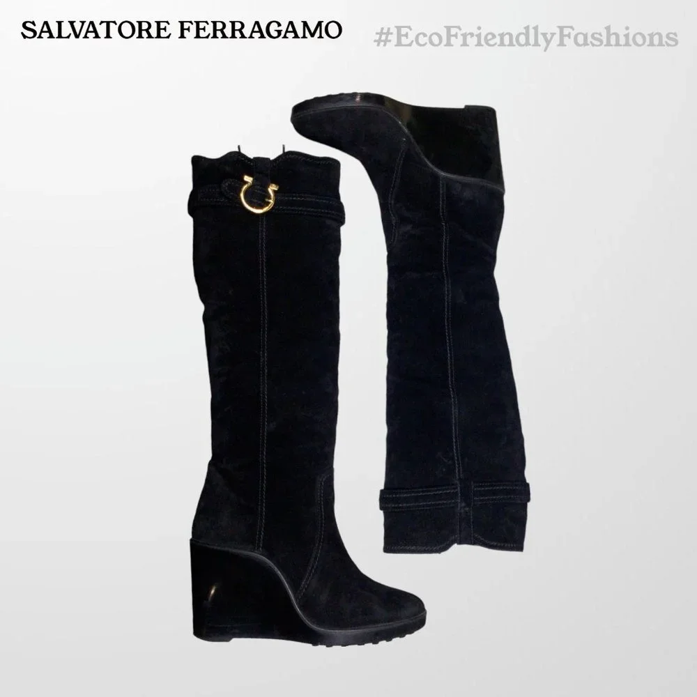 Salvatore Ferragamo Black Suede Over-The-Knee Boots with Buckle Detail